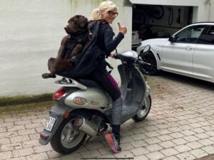 Auch mit dem Motorroller / Scooter kann man mit unserem Hundetragerucksack den Hund mitnehmen